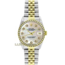 Rolex Mens Watch Ss & Gold Datejust 16013 Mop Diamond Dial & 1ct Diamond Bezel