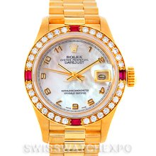 Rolex President Ladies 18k Yellow Gold Diamonds Rubies Watch 69068