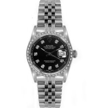 Rolex Women's Datejust Midsize Stainless Steel Custom Diamond Bezel Black Diamond Dial