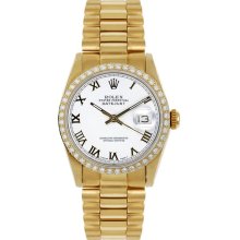 Rolex Women's President Midsize Custom Diamond Bezel White Roman Dial