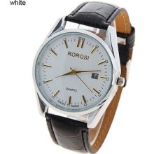 Roros Men Black Leather Quartz Analog Watch With Strips Indicate Time White Dial
