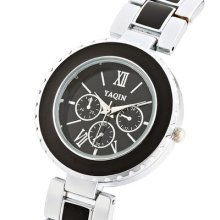 Round Black Multi-dials Roman Numerals Lattice Chain Stainless Steel Women Watch