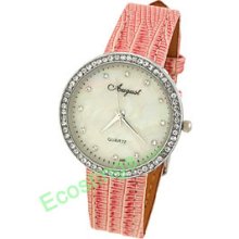Round Watch Case Pink Leather Strap Quartz Lady's Watch