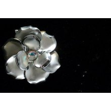 Satin Finish Vintage Flower Brooch. Centered With An A.b. Rhinestone