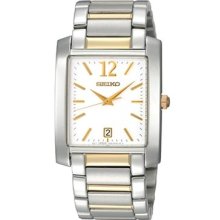 Seiko $295 Men's Square Silver Ss, Gold Accents Dress Watch W/ Date Skk709
