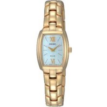 Seiko Ladies Gold Tone Stainless Steel Solar Quartz Tonneau Mother Of Pearl Dial SUP072