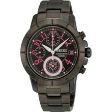 Seiko Ladies Stainless Steel Quartz Black Tone Dial Chronograph Pink Hour Markers SNDY83