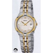 Seiko Ladies` Two-tone Watch W/ Date Window & White Dial