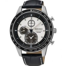 Seiko Men's Chronograph Stainless Steel Case Leather Bracelet White Dial Tachymeter Bezel SNDD93