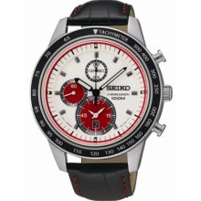 Seiko Men's Chronograph Stainless Steel Case Leather Bracelet White and Red Dial Tachymeter Bezel SNDD91