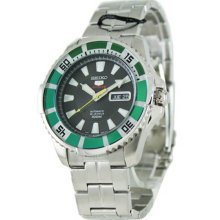 Seiko Men's Stainless Steel Seiko 5 Sports Automatic Black Dial Day Date Green Bezel SRP205