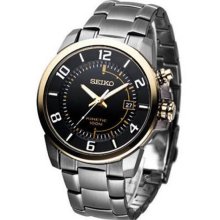 Seiko Men's Stainless Steel Case and Bracelet Kinetic Black Dial Date Display SKA556