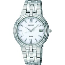 Seiko Silver Dial Silver Tone Stainless Steel Bracelet Solar Mens Watch - SNE025