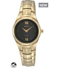 Seiko Solar Ladies` Gold Watch W/Black Round Dial