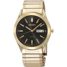 Seiko Solar Men's Goldtone Watch - Flexible Bracelet - Black Dial - SNE060