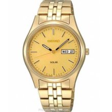 Seiko Solar Mens Watch - Gold-Tone Dial - Gold-Tone Case- 10 Month