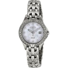 Seiko Solar Mother Of Pearl Dial Crystal Bezel Stainless Steel Ladies Watch Sut0