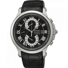 Seiko Spc067p2 Men's Watch Premier Chronograph Black Dial Leather Strap