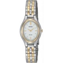 Seiko SUP104 Womens Two Tone Stainless Steel Oval Shape Solar Quartz White Dial Expnasion Bracelet