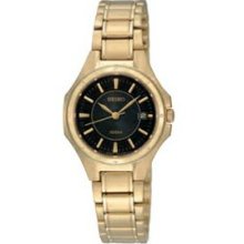 Seiko Women`s Water Resistant Gold Dress Watch W/ Black Face