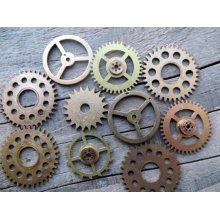 Set of 10 vintage brass gears,alarm clock parts,watch parts,steampunk supplies, for art/jewelry projects