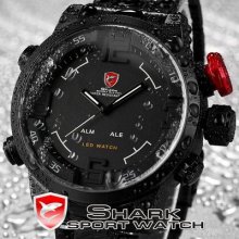 Shark Big Case Army Led Digital Date Day Men Quartz Black Wrist Watch