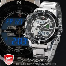 Shark Classic Lcd Quartz Chronograph Date Day Alarm Men Wrist Watch /box