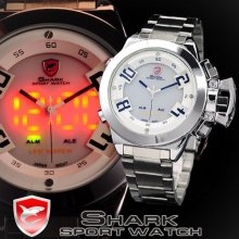 Shark Led Quartz Digital Date Men Luxury Fashion Sport Stainless Steel Watch