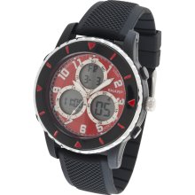 Sharp Mens' Round Black Case and Band with Red Face Multi Dial Watch -