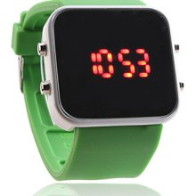 Silicone Band Women Men Jelly Unisex Sport Style Square Mirror LED Wrist Watch - Green