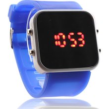 Silicone Band Women Men Jelly Unisex Sport Style Square Mirror LED Wrist Watch - Blue