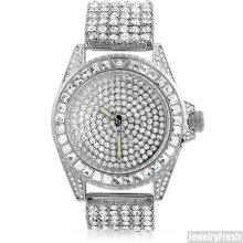 Silver Czech Crystal Princess Cut Bezel Iced Out Bling Watch