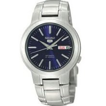 Silver Seiko 5 Men`s Automatic Watch W/ Blue Dial & Dual Date Window