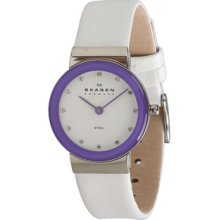 Skagen Denmark Women's White Leather Watch with Purple Bezel Women's