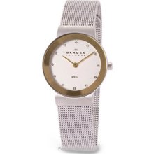 Skagen Ladies Mesh - Stainless & Gold-Tone - White Dial - 12 Crystals 358SGSC