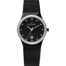 Skagen Ladies Stainless Steel Quartz Black Dial Black Leather Strap 880LBLBS