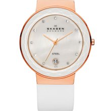 Skagen Large Faceted Glass Bezel Watch White/ Rose Gold