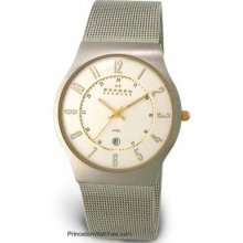Skagen Mens Watch Stainless Mesh White Dial Gold Accents 233XLSGS