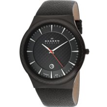 Skagen Watches Men's Skagen Black Dial Black Genuine Leather Black Ge