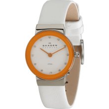 Skagen Womens Studio Brights Crystal Analog Stainless Watch - White Leather Strap - White Dial - SKW2015