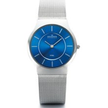 Skagen Womens Ultra Slim Stainless Steel Mesh Band Sharp Blue Dial Watch 233sssn