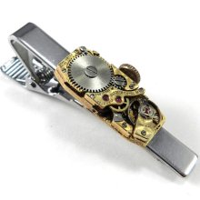 Skinny Tie Clip with Gold Watch Movement- Father's Day Steampunk Vintage Accessory - Mechanical - Handmade by Compass Rose Design