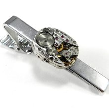 Skinny Tie Clip with Watch Movement- Father's Day Steampunk Vintage Accessory - Mechanical - Handmade by Compass Rose Design