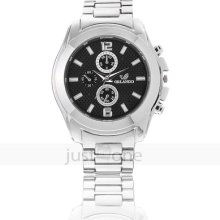 Smart Chic Men Boys Business Silver Quartz Black Dial Watch Wristwatch
