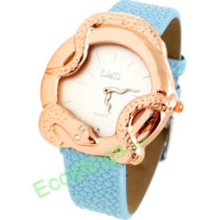 Snake Design Golden Watch Case Quartz Wrist Watch + Skyblue Band