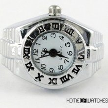 Special Gift White Round Dial Elastic Metal Finger Ring Watch