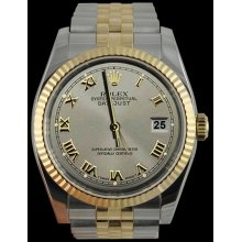 SS & gold jubilee bracelet gray roman dial datejust men watch rolex fluted bezel