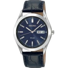 Stainless Steel Solar Quartz Blue Dial Black Leather Strap