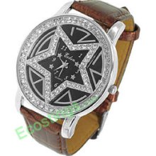 Star Design Dial + Rhinestone Ladies Leather Band Watch Brown