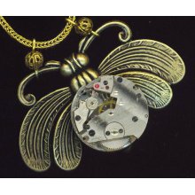 Steampunk Brass Moth Pendant . Vintage Round Ruby Jewel Watch Movement . Steampunk Steam Punk - Royal Bee by enchantedbeas on Etsy